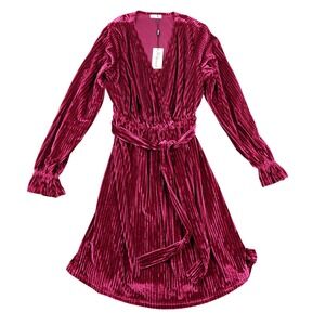 New W/Tag Y2K Burgundy Velvet Ribbed Midi Wrap Dress Long Sleeve Belt Whimsigoth